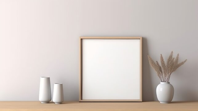 Illustration of a picture frame on a wooden shelf