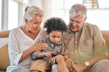 Phone, grandparents and child in home, happy and bonding together in living room. Smartphone,...
