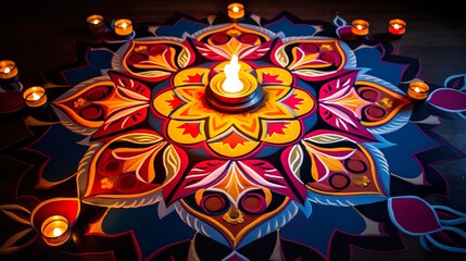 Beautiful Floor Decoration of Diwali with Diya and Rangoli Celebration of Diwali with lights 