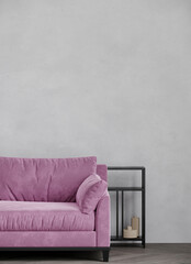 Living room lounge with a small sofa in pink rose velor colour. Plaster wall for gray concrete or microcement texture. Small black table, decor, vase. Modern minimalistic interior. 3d rendering