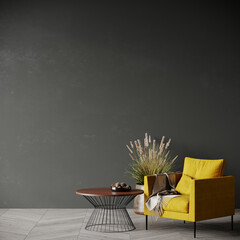 Luxury livingroom with a large mustard yellow ocher velor armchair. Rich black wooden table. Empty wall for art and pictures or wallpaper with microcement stucco or plaster silk texture. 3d rendering 