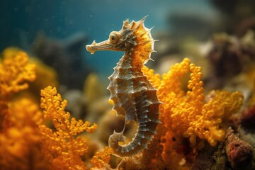 Obraz na płótnie Canvas Seahorse swimming among vibrant corals and curious fish., generative IA
