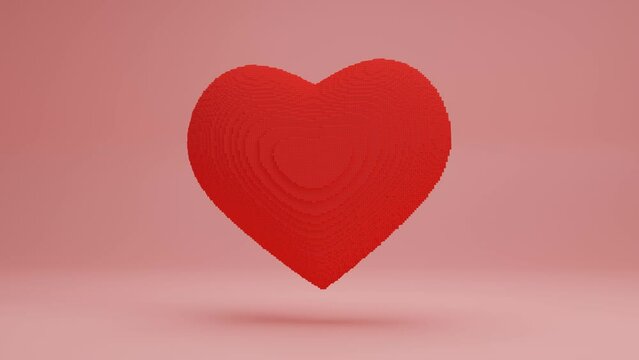 loop 3d animation of a red heart made of pixels, cubes. The quality and clarity of the model increase and decrease. The idea of digital art, NFT technologies and business.