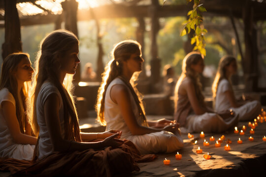 Young beautiful yogi girl meditates in the ashram in India, satsang evening for the yoga students. AI Generative