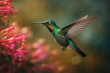 Fototapeta na wymiar Iridescent hummingbird amidst the lush flowers., generative IA