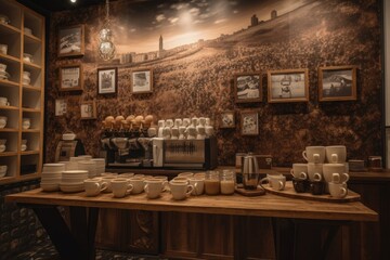 Cozy coffee with aroma, skilled baristas and lively customers. Inspiring art with coffee beans., generative IA