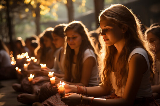 Young beautiful yogi girl meditates in the ashram in India, satsang evening for the yoga students. AI Generative