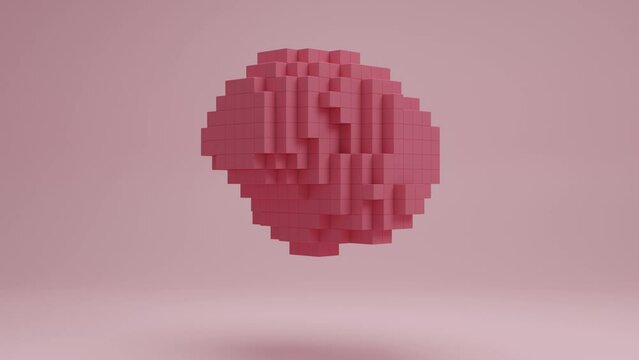Abstract 3d animation of a cloud of cubes, pixels. The pixel cloud changes shape and falls to the surface. Abstract idea of digital art and NFT technologies.