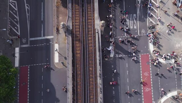 Stunning aerial top view flight drone. CSD Pride Love Parade 2023 in city Berlin