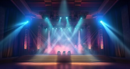 Illustration of a brightly lit stage with multiple spotlights shining down - obrazy, fototapety, plakaty