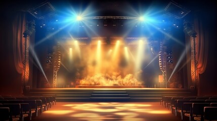 Illustration of a brightly lit stage with multiple spotlights shining down