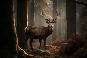 Majestic deer emerge in the forest at dusk., generative IA