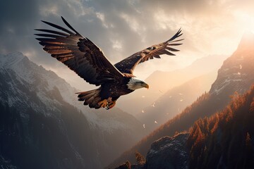 Majestic eagle flying over mountain peaks at dusk., generative IA - Powered by Adobe