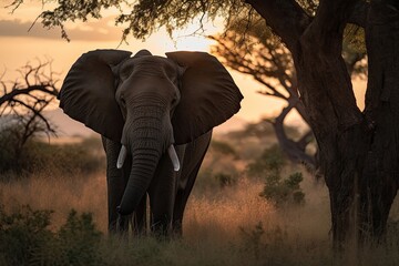 Majestic elephant on the African savannah under golden sunset., generative IA