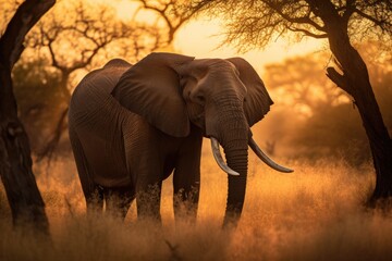 Fototapeta na wymiar Majestic elephant on the African savannah under golden sunset., generative IA