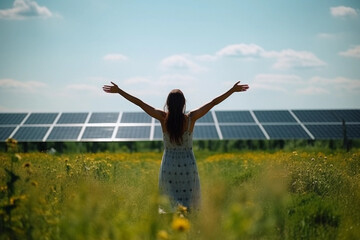 Fototapeta na wymiar A woman joyfully raises her arms at an ecological solar energy station, symbolizing the triumph of sustainable technology and green power. Generative Ai.