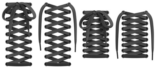 Tied and untied black shoelaces set. Isolated 3D rendered mockup.