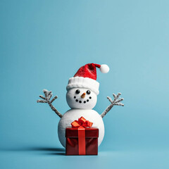 Snowman in santa claus hat mittens and striped ,Ai generated art illustration.