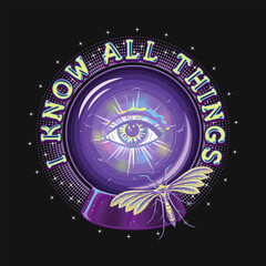 Label with text, night moth, butterfly, magic crystal ball with all seeing eye and flashes inside. Glowing glass orb with light inside for clairvoyant witchcraft. Prediction, occult, mystical concept.
