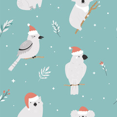 Christmas seamless pattern with Australian animals in Santa hats