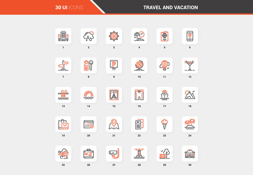Vector set of travel and vacation flat line web icons. Each icon with adjustable strokes neatly designed on pixel perfect 48X48 size grid. Fully editable and easy to use.