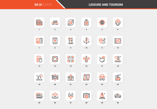 Vector set of leisure and tourism flat line web icons. Each icon with adjustable strokes neatly designed on pixel perfect 48X48 size grid. Fully editable and easy to use.