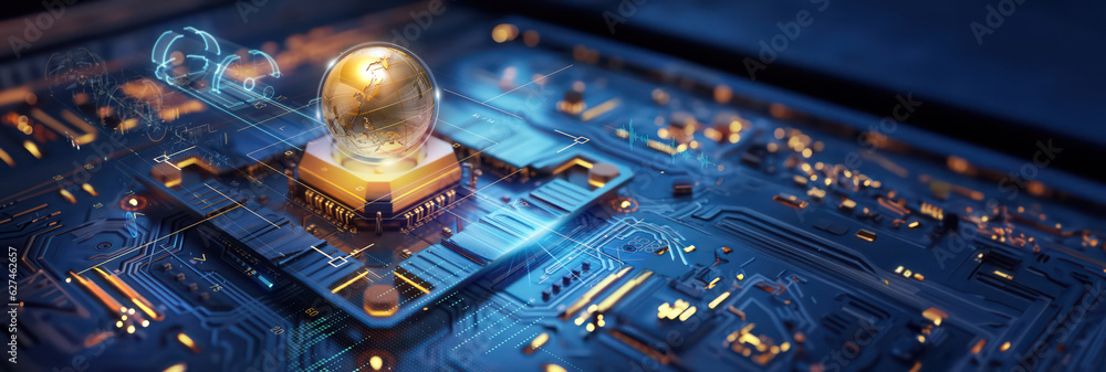 Poster closeup on an advanced microchip or cpu of a powerful computer with world globe online connection as