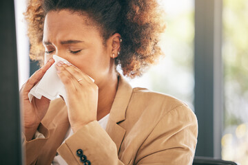 Business woman, sneeze and blowing nose with allergies, sick with virus or health issue while...