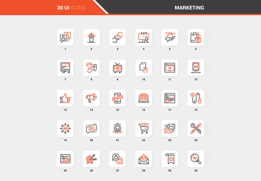 Vector set of marketing and advertising flat line web icons. Each icon with adjustable strokes neatly designed on pixel perfect 48X48 size grid. Fully editable and easy to use.