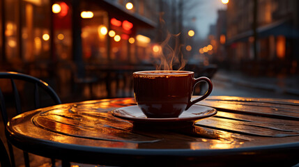 A coffee cup on a street bench in the evening, Generative ai image