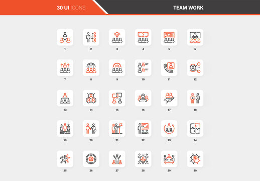 Vector set of team work flat line web icons. Each icon with adjustable strokes neatly designed on pixel perfect 48X48 size grid. Fully editable and easy to use.