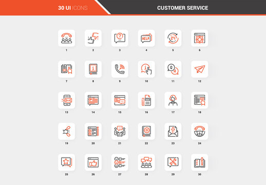 Vector set of customer service flat line web icons. Each icon with adjustable strokes neatly designed on pixel perfect 48X48 size grid. Fully editable and easy to use.