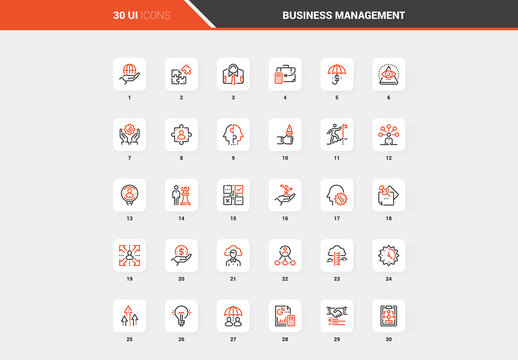 Vector set of business management flat line web icons. Each icon with adjustable strokes neatly designed on pixel perfect 48X48 size grid. Fully editable and easy to use.