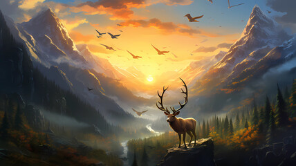 Hirsch steht bei Sonnenuntergang auf einem großen Stein, große Landschaft