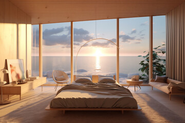 Interior of luxury suit, modern bedroom of a hotel or apartment, stylish design with beautiful sea view. AI Generative