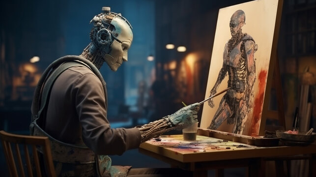 Robot Artist Painting it's Artwork on Canvas