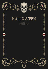 Vintage frame made of bones, creepy red eyeball, human skull. Good for Halloween, Dia de Muertos holiday decoration. Template for menu, poster, invitation etc