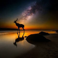 Silhouette of a deer with purple stars and orange sun, Ai generated