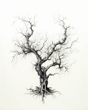 The tree is old dry hollow branches drawing engraving