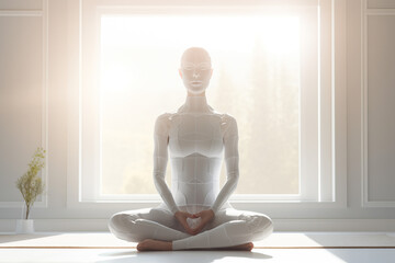 Mindfulness Concept: Female White Humanoid Robot Practicing Yoga on Yoga Mat with Sunlight Streaming Through Window