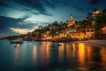 Fototapeta na wymiar Colorful coastal town embraced by the sea and sailboats., generative IA