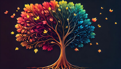 Elegant colorful tree with vibrant leaves hanging branches illustration background. Bright color 3d abstraction wallpaper for interior mural painting