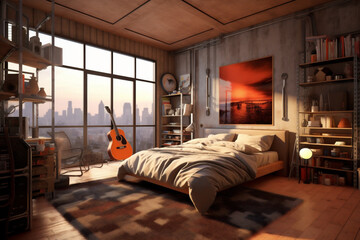 Interior of luxury suit, modern bedroom of a hotel or apartment, stylish design with beautiful city view. AI Generative