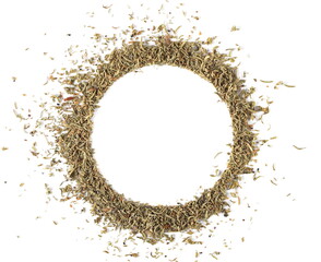 Dry chopped summer savory (Satureja hortensis) isolated on white, top view