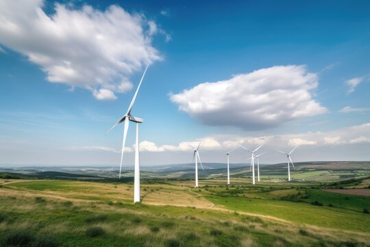 Green scenery, wind turbines in motion: wind energy in action., generative IA