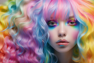 Fototapeta premium Pastel rainbow girl, young woman with porcelain skin, colourful and vibrant hair-style.