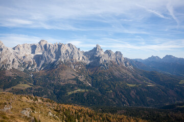 Dolomites range landscape. San Martino di Castrozza mountains view