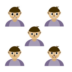Set of avatars with child emotions including surprise, happiness, hurt, laugh, anger, smirk, grin cartoon style vector illustration of isolated layers on a white background