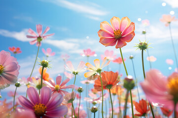Field of colorful flowers against a blue sky with wispy clouds. 