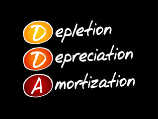 DDA Depletion Depreciation Amortization - accounting technique that a company uses to match the cost of an asset to the revenue generated by the asset, acronym text concept background